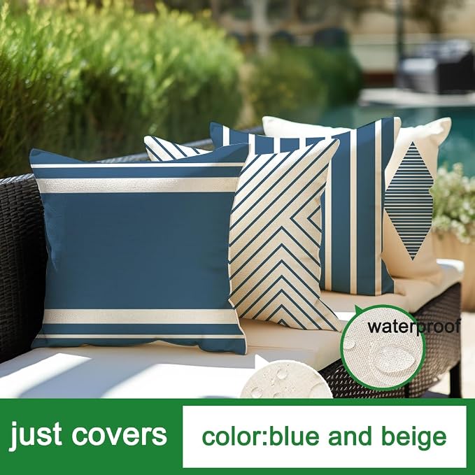 RABUSOFA Outdoor Pillows Waterproof, 18x18 inch Blue and White Boho Set of 4 - Image 4