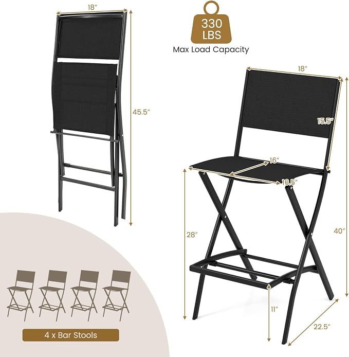 COSTWAY Outdoor Patio Bar Chair Set of 4, Folding Bar Height Stool - Image 2