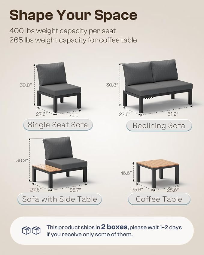 Aluminum Outdoor Patio Furniture Set, 4 Seats Modular Patio Sectional Sofa Set - Image 8
