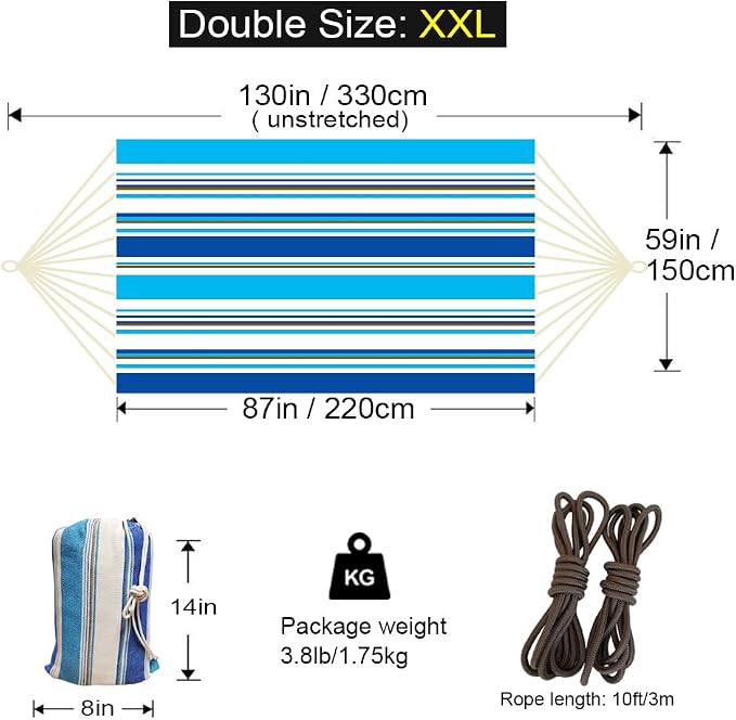 Double Hammock 2 Person Extra Large 330X150cm Load Capacity 600Pound Canvas - Image 3
