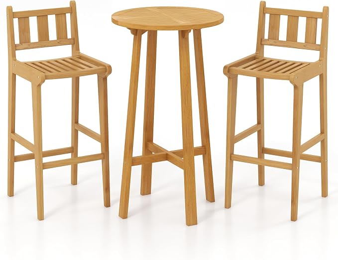 Tangkula 3 Piece Patio Bar Set, Teak Wood Bistro Furniture by TANGKULA
