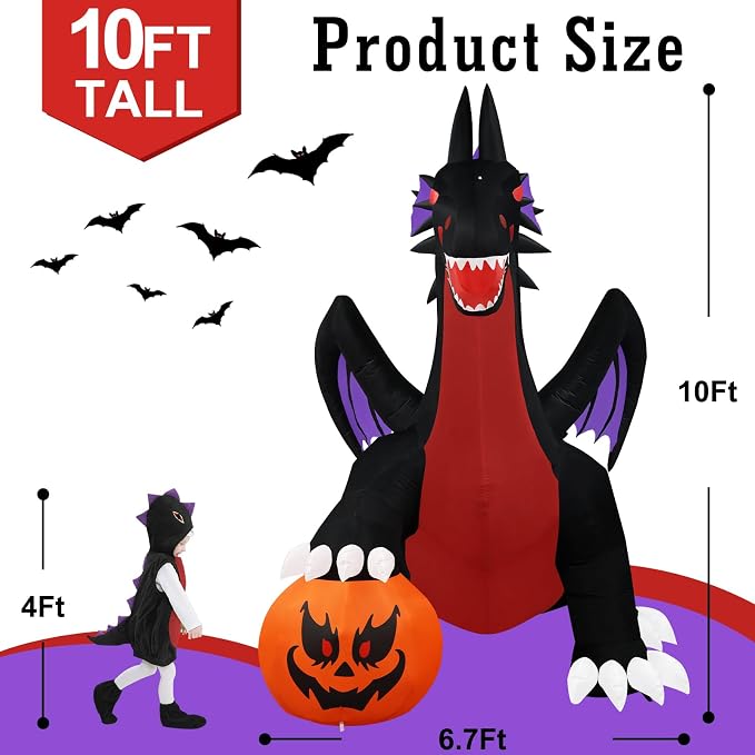 Popblow 10Ft Tall Halloween Inflatables Giant Pumpkin Dragon Outdoor Decorations - Image 2