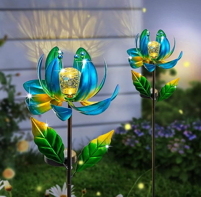 Solar Yard Lights Wind Spinners- Metal Lotus Flower Garden Decor LED Crackle - Image 7