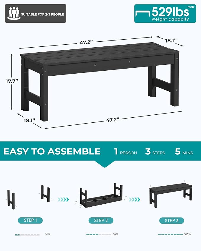 SERWALL 47 Inches Outdoor Bench, All Weather HDPE Backless Bench - Image 3