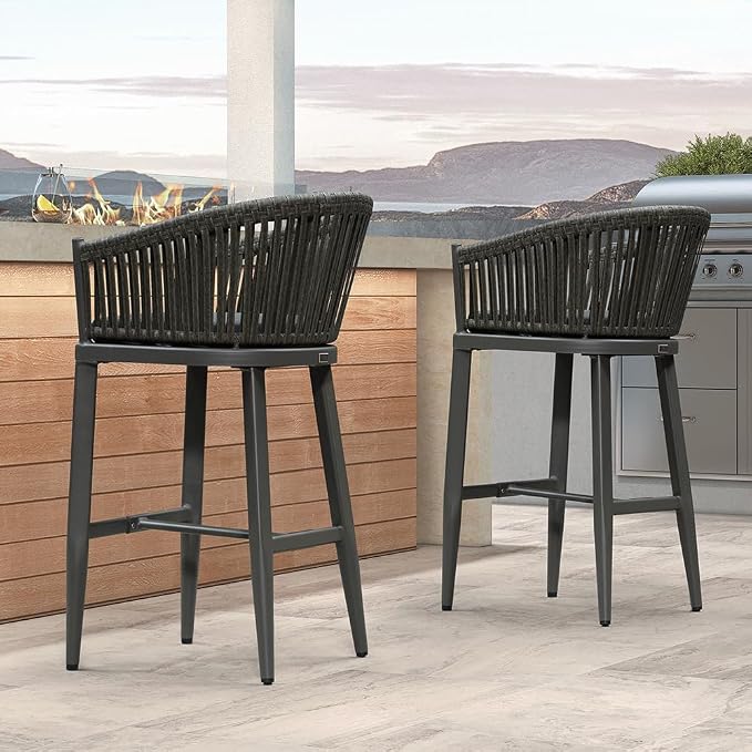 PURPLE LEAF Outdoor Bar Height Stools Set of 2 Patio Metal Modern Wicker Bar - Image 8