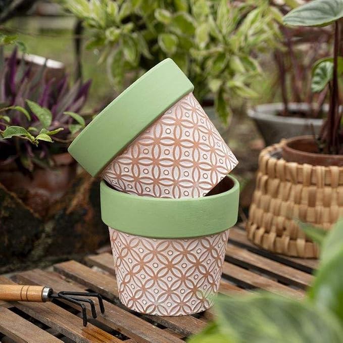Terracotta Plant Pots Set of 2-5.9 Inch Vintage Pattern Clay Flowerpots - Image 5