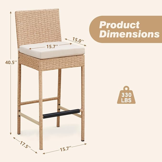 ECOTOUGE Rattan Bar Stools Set of 4, Wicker Woven Patio Stools & Patio Bar - Image 3