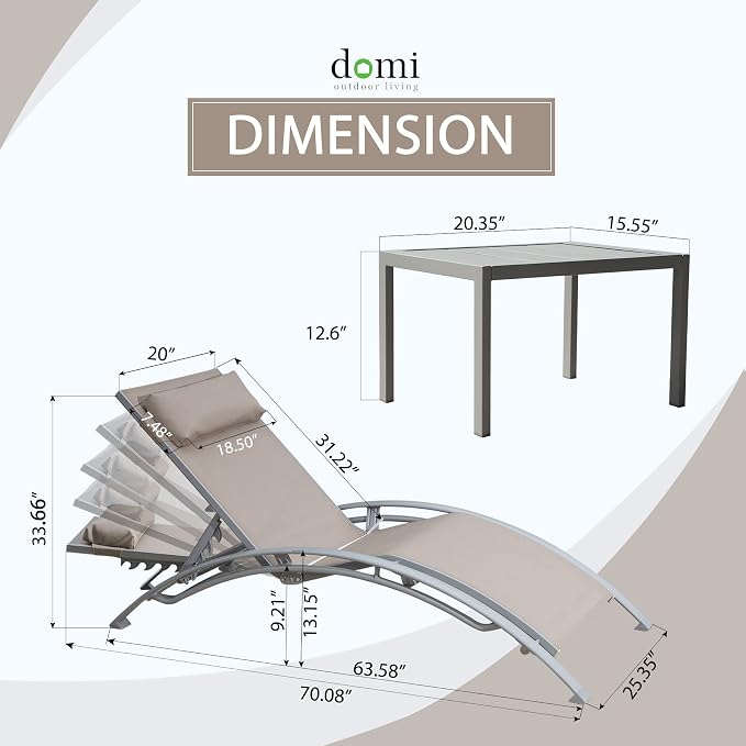 Domi Pool Lounge Chairs Set of 3, Adjustable Aluminum Outdoor Chaise Lounge - Image 2