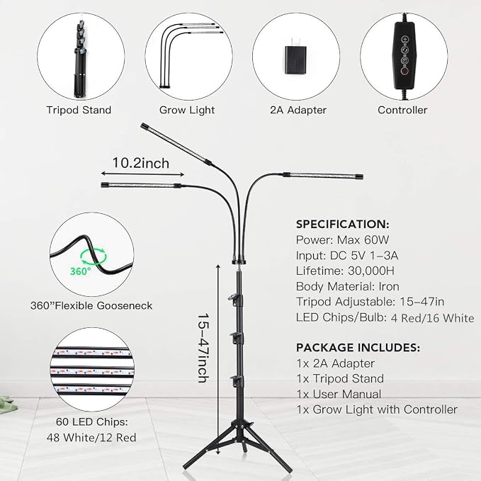 GHodec Grow Light with Stand, 60 LED 5500K Full Spectrum Floor Plant Light - Image 6