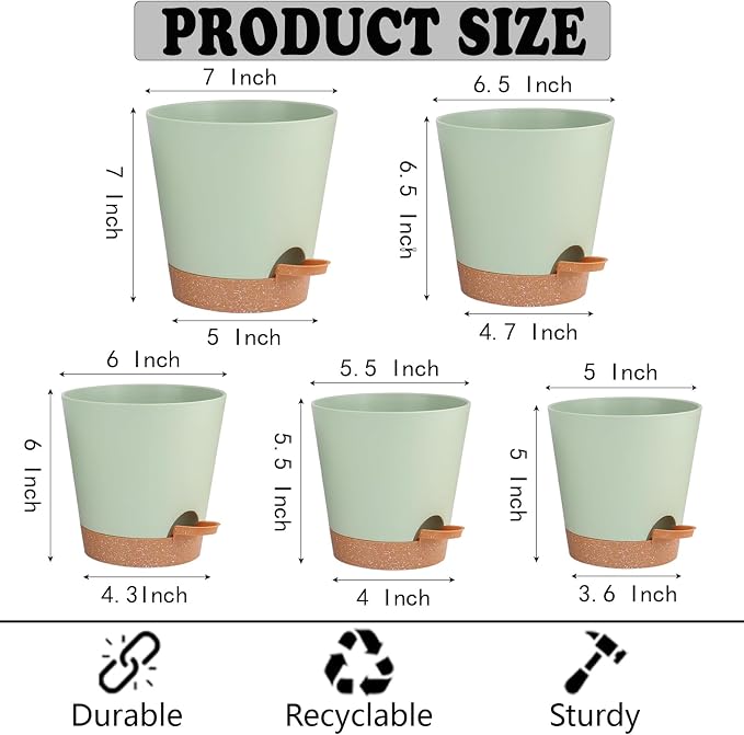 Self Watering Planters for Outdoor Plants 7/6.5/6/5.5/5Inch 5Pack Flower Pot - Image 2