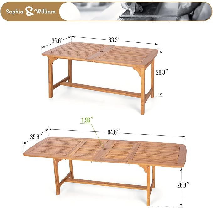 Sophia & William Acacia Wood Expandable Patio Dining Table - Image 7