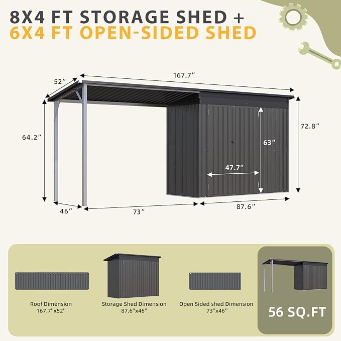AECOJOY 8x4 FT Outdoor Storage Shed & Hardtop Gazebo Combo, 14x4FT Metal Lean - Image 2