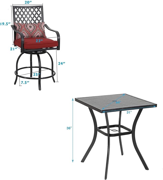 MFSTUDIO 3 PCS Outdoor Patio Bar Sets, 2 Swivel Bar Height Chairs and 1 Metal - Image 7