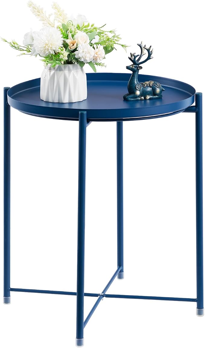 HollyHOME Round Metal Side Table, Outdoor Small Folding Accent Stand by HollyHOME