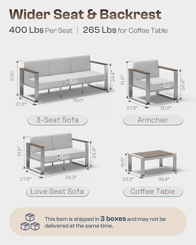 Outdoor Aluminum 3-Seat Sofa, Modern Patio Patio Furniture - Image 6