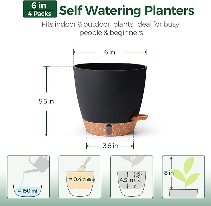 T4U 6 Inch Self Watering Pots for Indoor Plants - Image 3