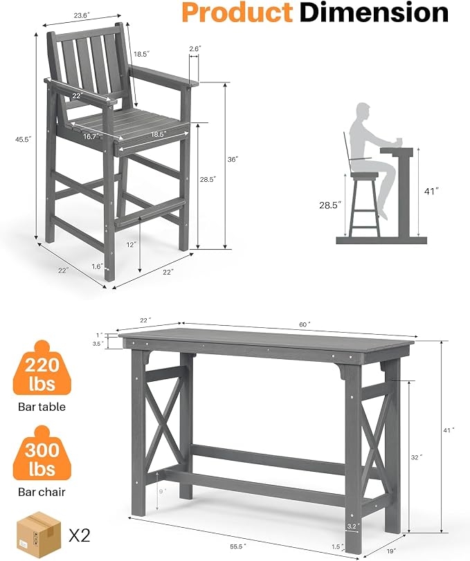 3 Pieces HDPE Outdoor Patio Bar Set, Rectangular Bar Height Table and Chairs Set - Image 3