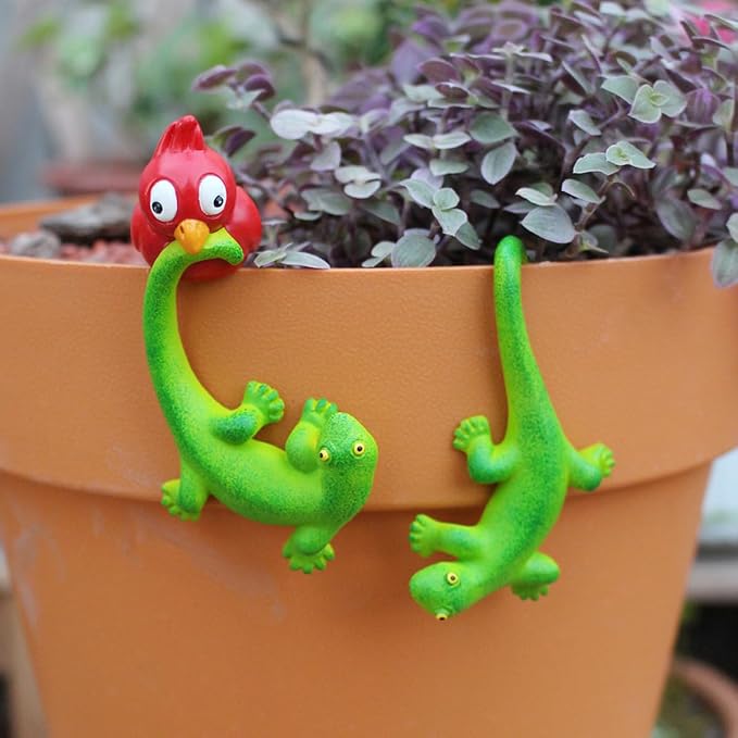 Set of 2 Funny Bird Catching Gecko Figurines Flower Pot and Vase Hugger - Image 2