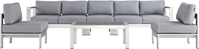 Modway Shore 6-Piece Aluminum Outdoor Patio Sectional Sofa Set in Silver Gray - Image 3