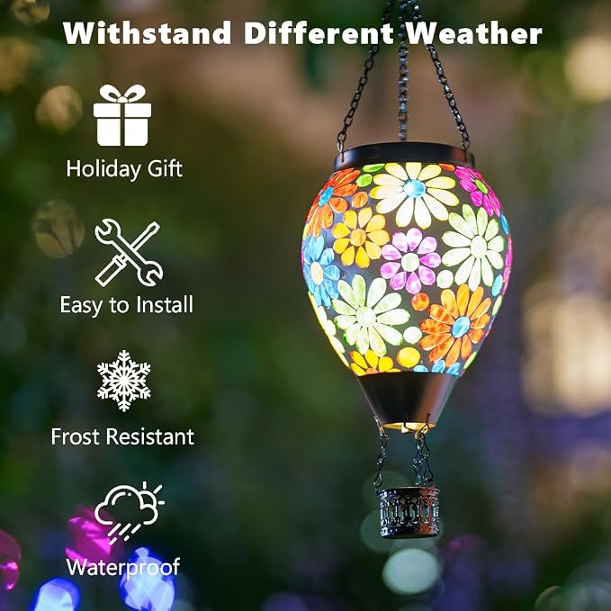 Starsoul Mosaic Flowers Hot Air Balloon Solar Lantern Glass Outdoor Hanging Hot - Image 3