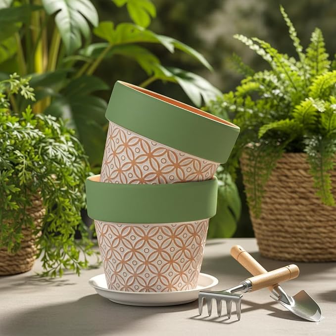 Terracotta Plant Pots Set of 2-4.7 Inch Vintage Pattern Clay Flowerpots - Image 5
