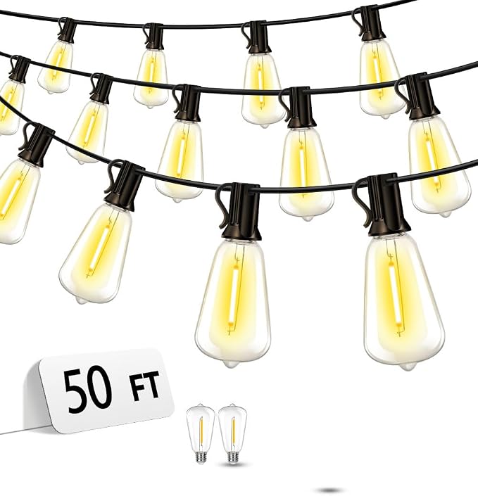 Outdoor Patio String Lights 50ft: ST38 LED Shatterproof Bulbs 3 Modes Button by Vozuji