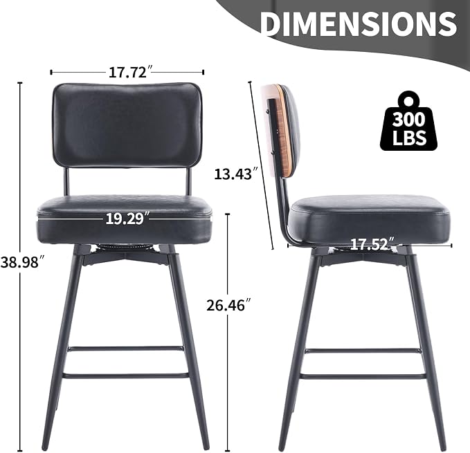 VINGLI 26" Swivel Bar Stools Set of 2, Upholstered PU Leather BarStools - Image 2