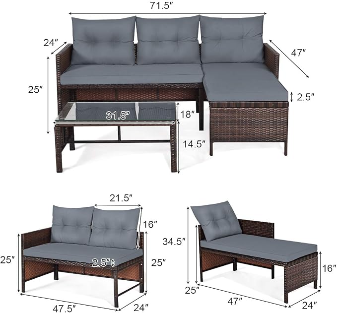 Tangkula Patio Corner Sofa Set 3 Piece, Outdoor Rattan Sofa Set, Includes - Image 5