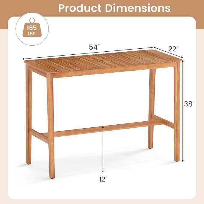 HAPPYGRILL Acacia Wood Outdoor Bar Table 55 Inch, Rectangular Pub Table - Image 3