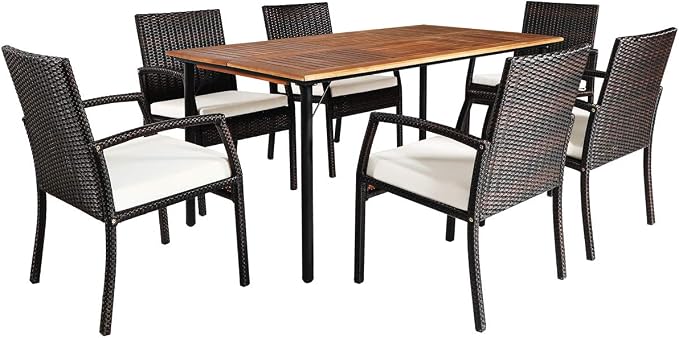Tangkula 7 Pieces Patio Dining Set, Acacia Wood Wicker Dining Furniture Set by TANGKULA