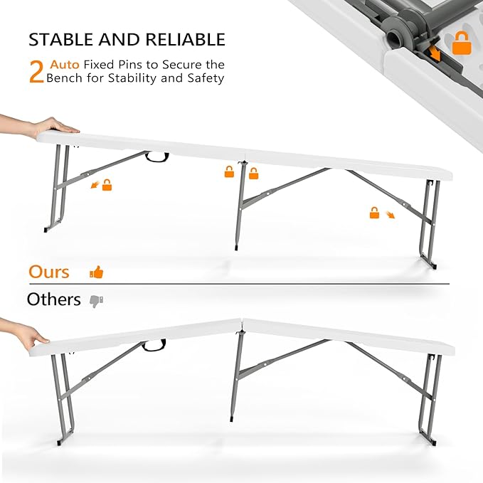 VINGLI 6 feet Plastic Folding Bench, Portable in/Outdoor Picnic Party Camping - Image 5