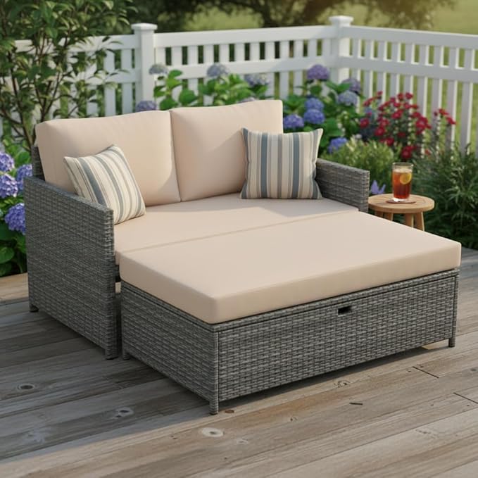 Tangkula Outdoor Rattan Daybed, Wicker Loveseat & 31 Gallon Storage Ottoman - Image 2