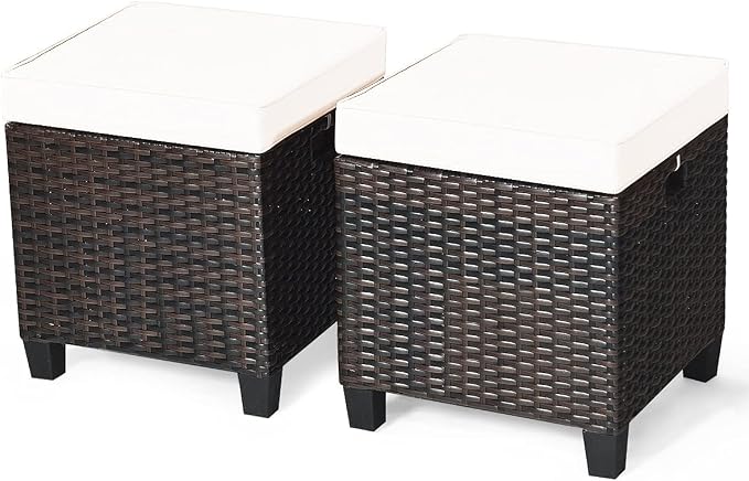 2PCS Patio Outdoor Ottomans, Rattan Wicker Ottoman Seat w/Removable Cushions by Unknown