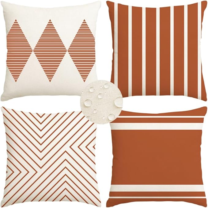 RABUSOFA Outdoor Pillows Covers 20x20 inch Waterproof, Fall Rust and Beige Boho by RABUSOFA