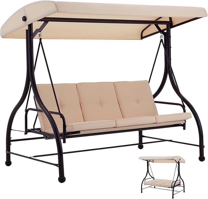 AECOJOY Porch Swing Chair, 3 Seats Porch Swing Adjustable Canopy Outdoor Swing by AECOJOY