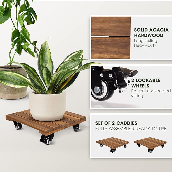 Idzo 2-Pack 14 Inch Wood Plant Caddy - Image 2