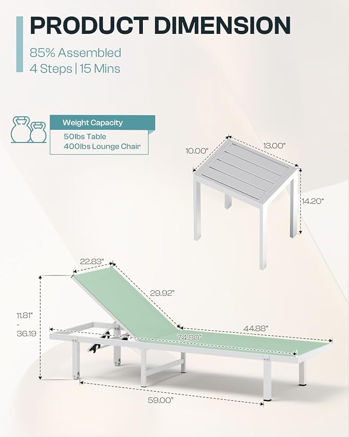 Aluminum Outdoor Lounge Chairs Set of 2, Pool Lounge Chairs - Image 2