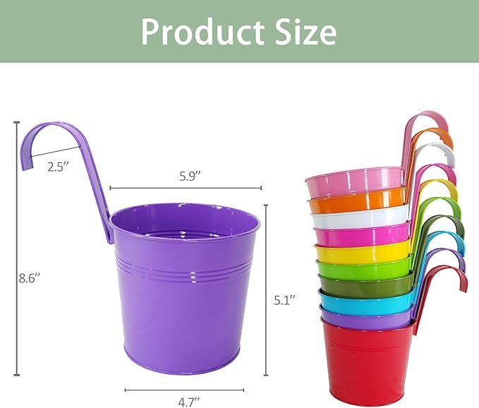 6 Inch Hanging Planters for Outdoor Plants, 10 Pack Metal Railing Planter - Image 3