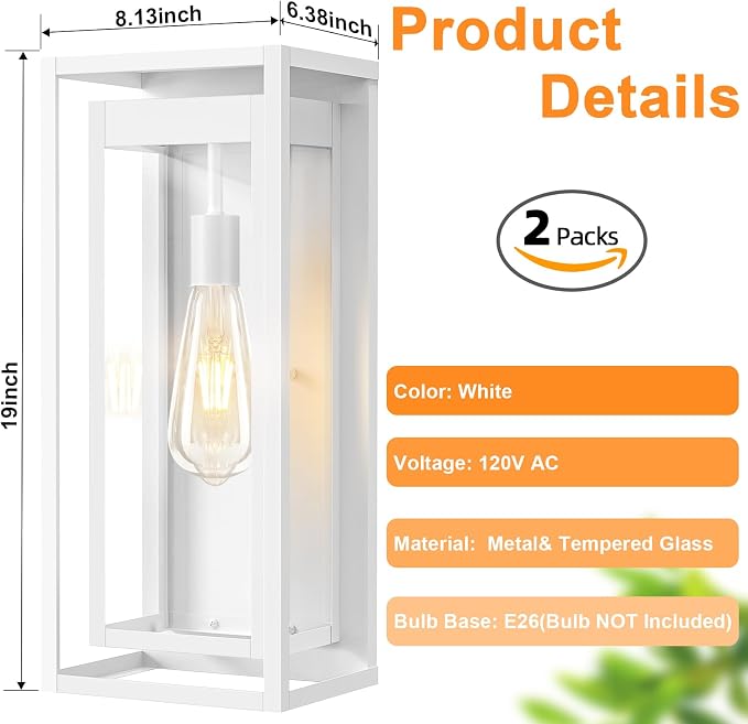 19" White Outdoor Light Fixture, 2 Pack Large Size Outdoor Sconce Lights - Image 4