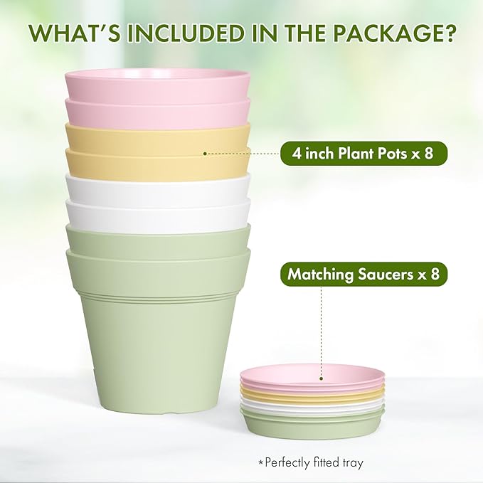 4 Inch Plastic Plant Pots with Drainage Holes and Trays – 8 Pack Small Nursery - Image 5