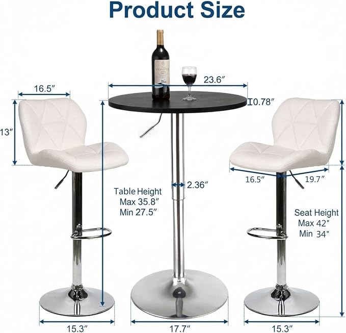 ARTETHYS Bar Table and Chairs Set of 3 Height Adjustable Round Black Pub Desk - Image 5