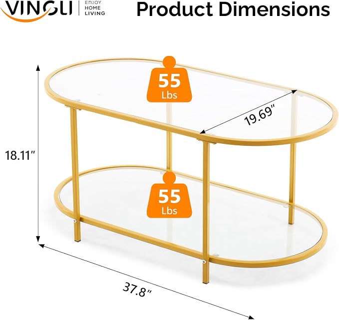 VINGLI 38" Oval Coffee Table, Transparent Glass Metal Coffe Table - Image 2