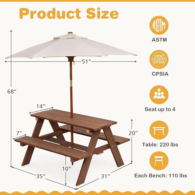 HONEY JOY Kids Picnic Table, Outdoor Wooden Bench Set w/Removable Umbrella - Image 6