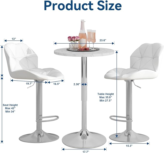 ARTETHYS Bar Table and Chair Set of 3 Adjustable Round Pub Desk and 2 Swivel - Image 4