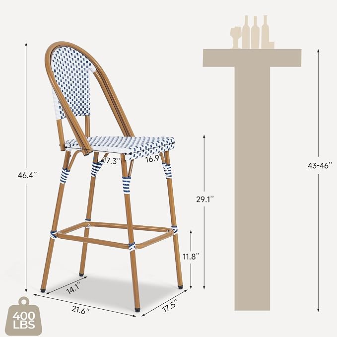 ONBRILL French Bar Stool Set of 2, Wicker Bar Height Stool 29" - Image 2
