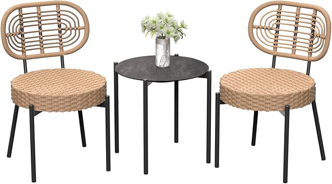 GarveeLife 3 Piece Wicker Patio Bistro Furniture Set, Outdoor Dining Chairs by GarveeLife