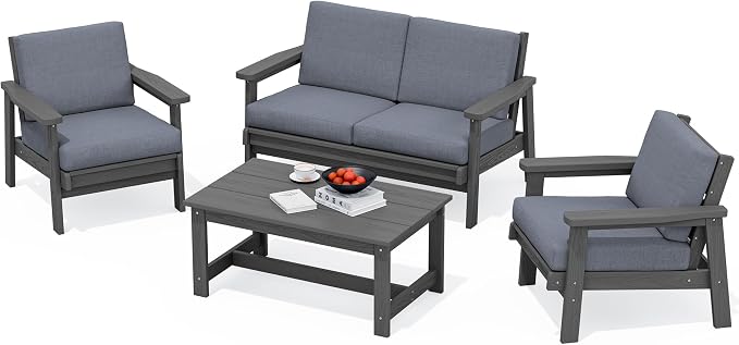 SERWALL 4 Piece HDPE Outdoor Furniture Set, All Weather Wood-Like Outdoor Sofa by SERWALL