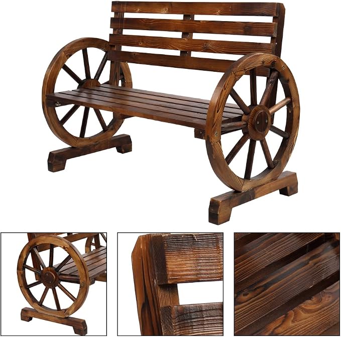 Outvita Wooden Garden Bench, Outdoor Rustic Wagon Wheel Bench - Image 6