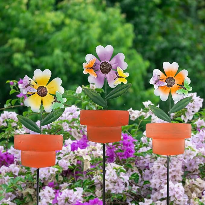 Metal Garden Stakes Decor, 3 Pack Flowers Pot Decorative Garden Stakes - Image 5