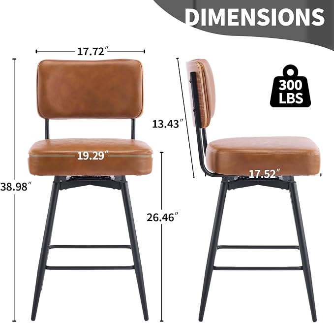 VINGLI Counter Height Swivel Bar Stools Set of 2, Upholstered PU Leather - Image 2